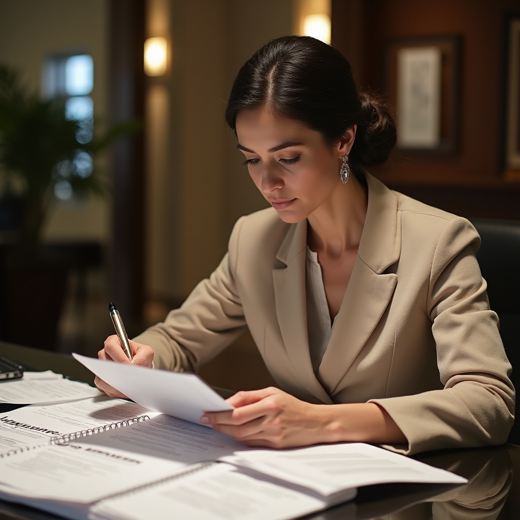 Professional conducting thorough review of tax period documents at a desk