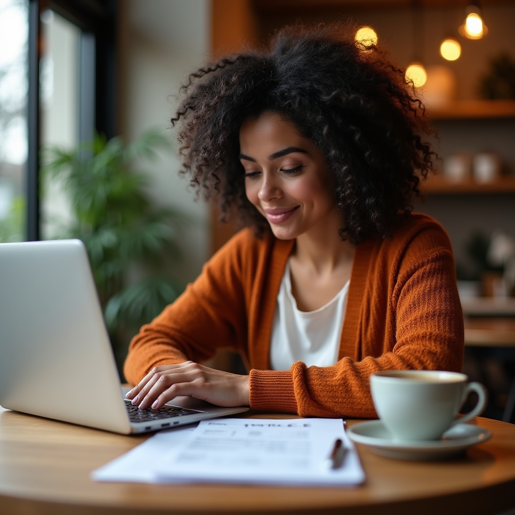 Remote worker organizing digital and physical documents at a cafe table