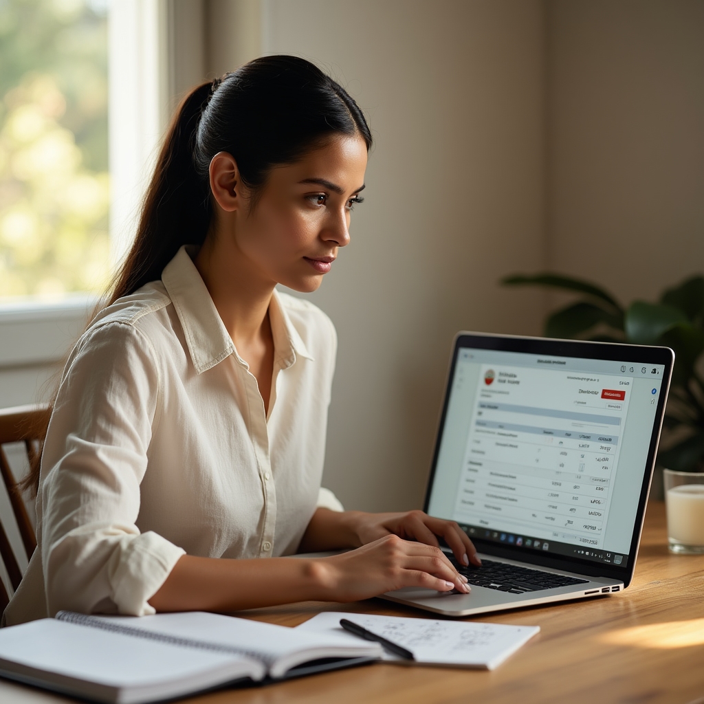 Freelance professional working on laptop with documents nearby