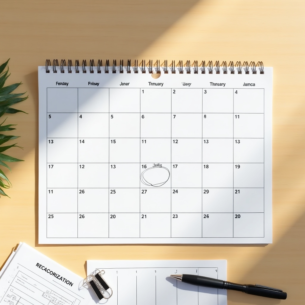Calendar and tax documents on a desk representing the biannual recategorization schedule