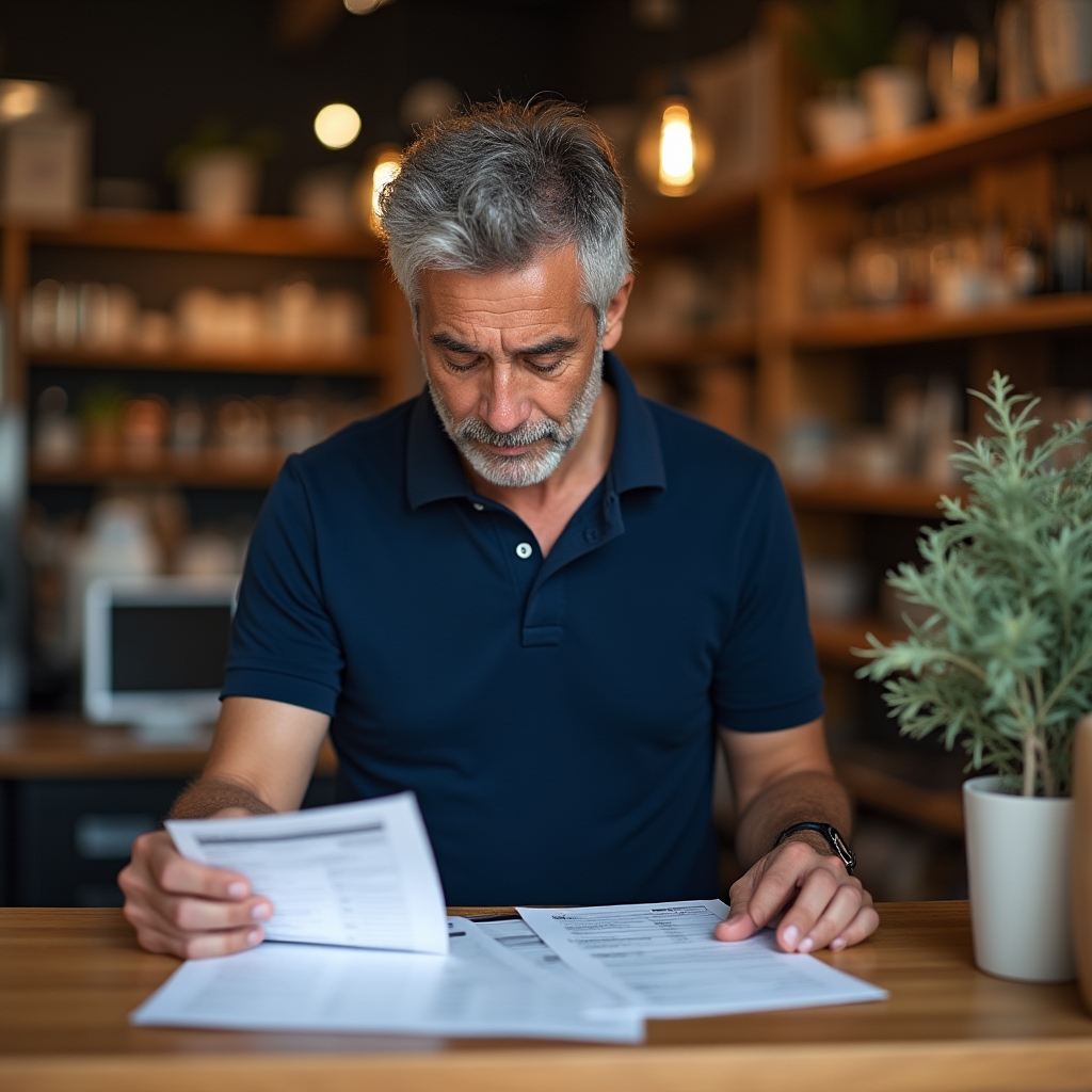 Small business owner reviewing papers at their shop counter